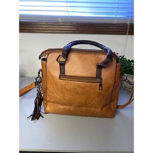 Womens Tan Faux Leather‎ Satchel Handbag Crossbody Bag Cat Charm Tassel